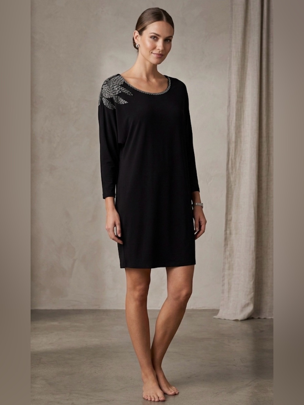 Elle Black Mini Shift Dress with Silver Beaded Shoulder and Neckline